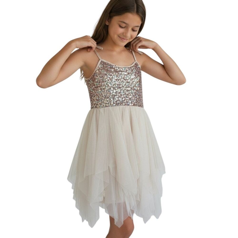 Ava & Yelly Girls Sequin & Tulle Handkerchief Hem Dress, Size 10